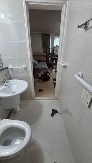 세면대 안전손잡이 — 문 옆과 세면대 옆에 자리 잡은 안전손잡이